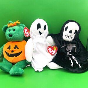 Ty Halloween Beanie Baby Lot 3 Tricky Bear Creepers Skeleton Sheets Ghost READ!!